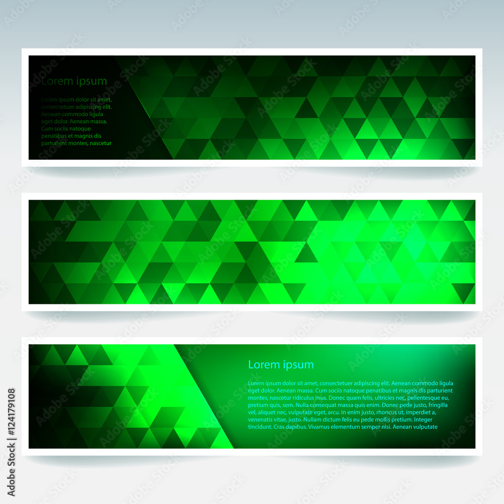 Vector banners set with polygonal abstract green triangles. Abstract polygonal low poly banners. Vector banners set with polygonal abstract green triangles. Abstract polygonal low poly banners.