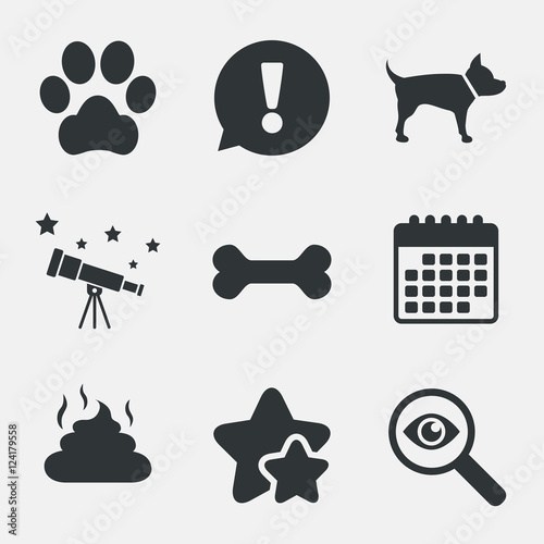 Pets icons. Dog paw and feces signs.
