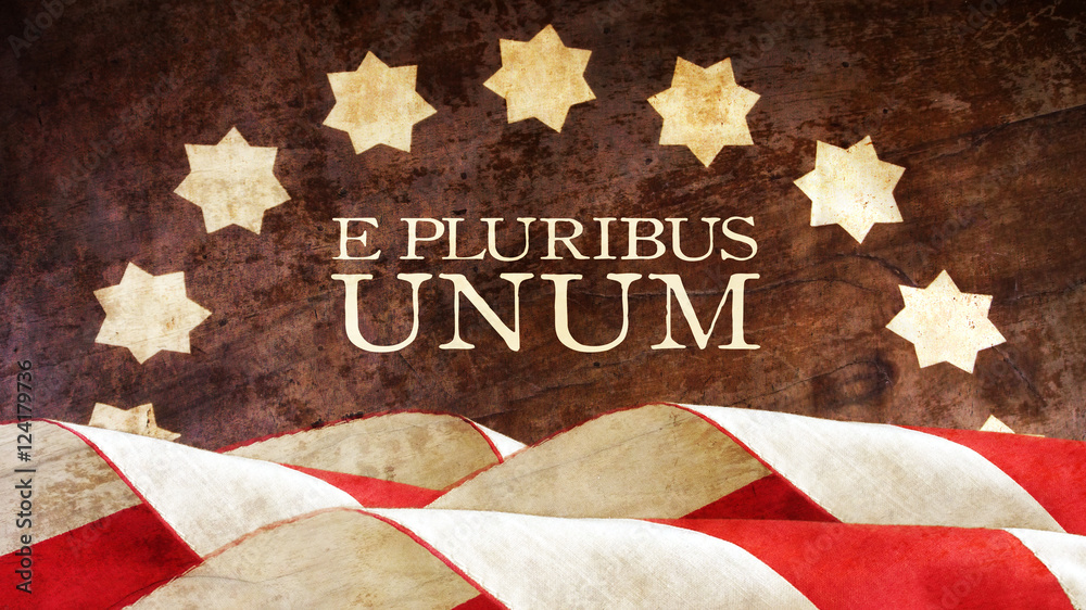 E Pluribus Unum. USA motto. Stars and Stripes. Latin Phrase meaning Out