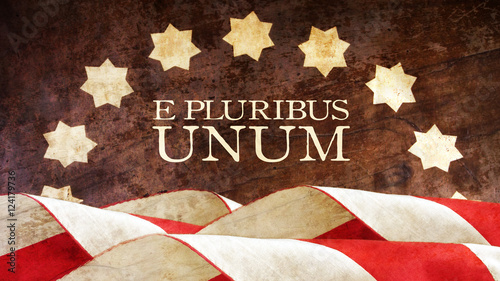 E Pluribus Unum. USA motto. Stars and Stripes. Latin Phrase meaning Out of Many One