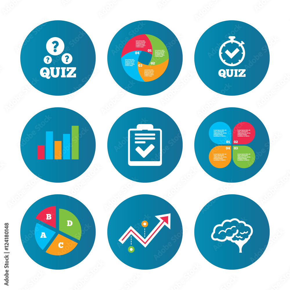 Quiz icons. Checklist and human brain symbols. Quiz icons. Checklist and human brain symbols.