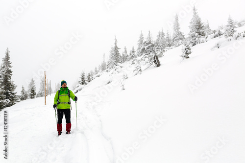 Winter hiker in white snowy woods trekking with hiking sticks. Man walking with backpack on snowy trail. © blas