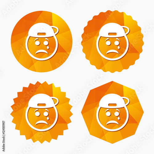 Sad rapper face with tear icon. Crying symbol.