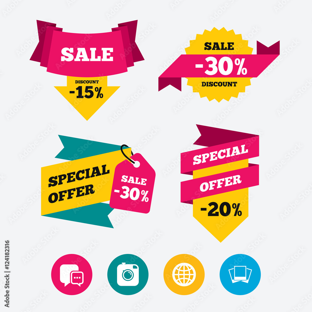 Social media icons. Chat speech bubble and Globe. Social media icons. Chat speech bubble and Globe.