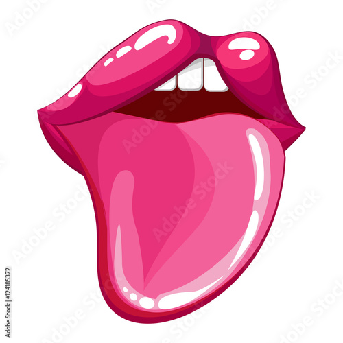 Open mouth lips, funny protruding tongue.Icon or sticker ,teasing companion. Vector illustration.