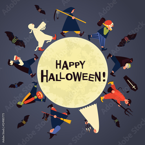 Kids in halloween costumes celebrating.