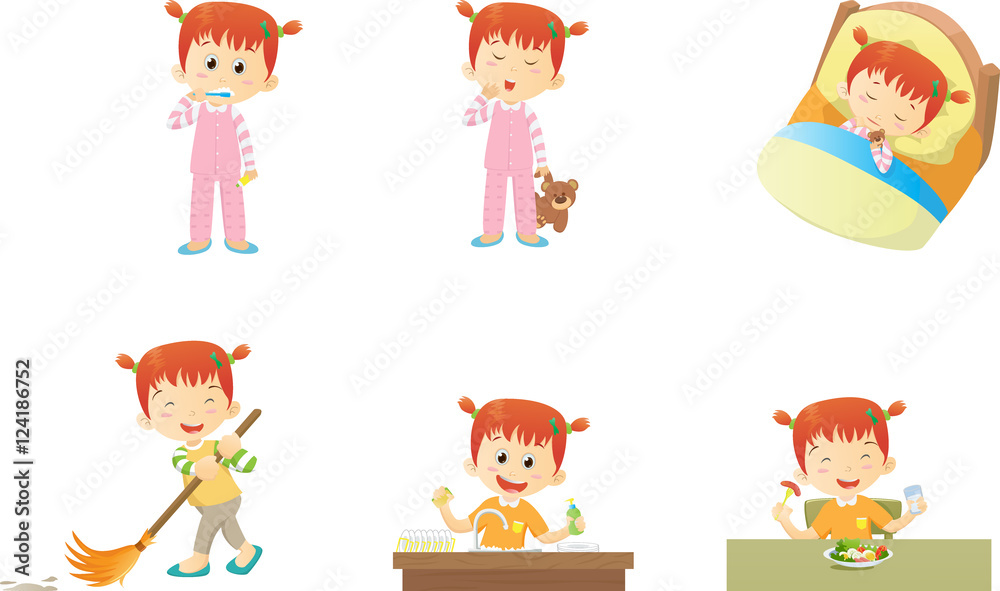 Cute little girl activities at home and sleep many action.