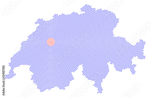 Switzerland map radial dot pattern. Blue dots going from the red dotted capital Bern outwards and form the country silhouette. Illustration on white background.
