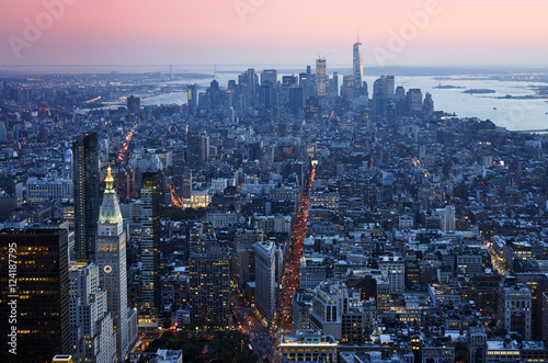 Manhattan down town aerial view at sunset