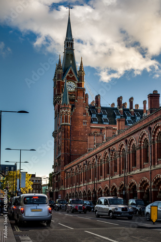 Exterior shot of St Pancras international train and underground station with black cab taxis in London  England  UK