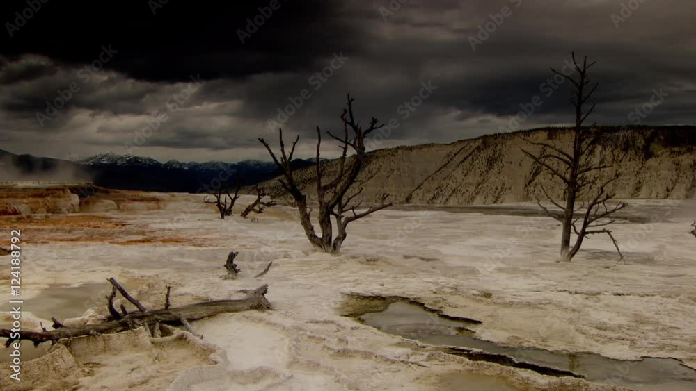 Panning of Mammoth Hot Springs with dark clouds Panning of Mammoth Hot Springs with dark clouds