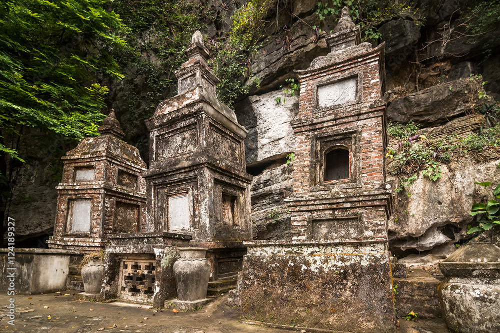 Ancient buddhist pagoda cave complex Bich Dong. Ninh Binh, Vietnam travel destination