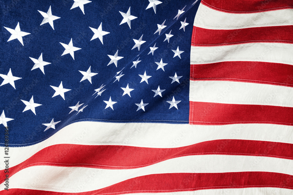 Close up studio shot of rough texture cotton flag - United States of America Close up studio shot of rough texture cotton flag - United States of America