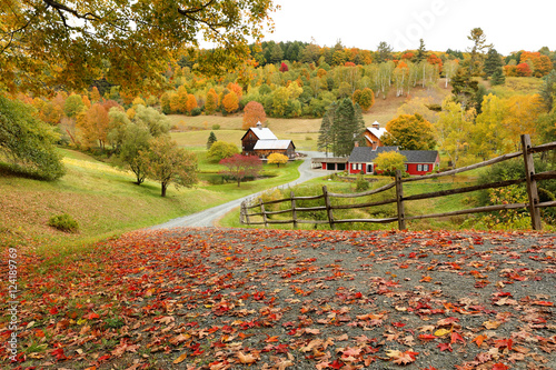 Overlooking a peaceful New England Farm in the autumn, Woodstock, Vermont, USA
