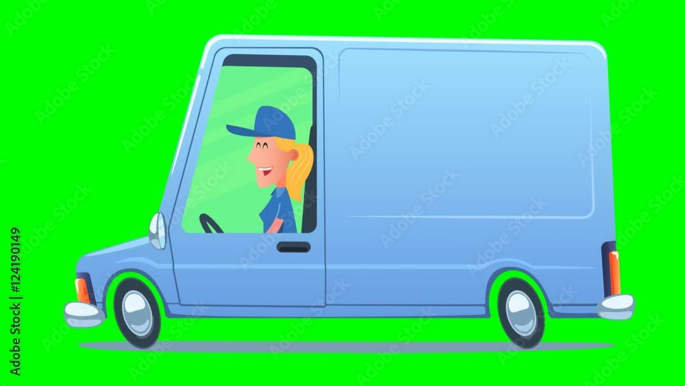 Cartoon smiling woman driving a service van against the background of city. Looped 2D animation. Video contains main composition, enlarged truck on transparent background and moving city background. Cartoon smiling woman driving a service van against the background of city. Looped 2D animation. Video contains main composition, enlarged truck on transparent background and moving city background.