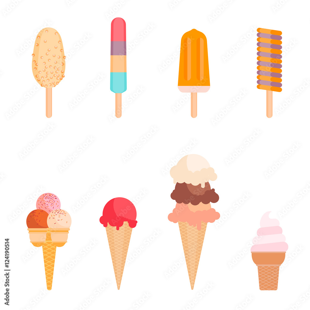 Set of ice creams and popsicles icons. Collection cartoon ice cream food. Vector art illustration isolated on white
