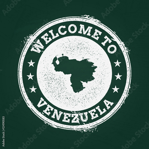 White chalk texture retro stamp with Bolivarian Republic of Venezuela map on a green blackboard. Grunge rubber seal with country outlines, vector illustration.