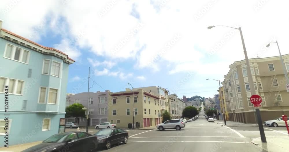 SAN FRANCISCO - Circa October, 2016 - A driver's perspective on the residential streets of San Francisco. SAN FRANCISCO - Circa October, 2016 - A driver's perspective on the residential streets of San Francisco.