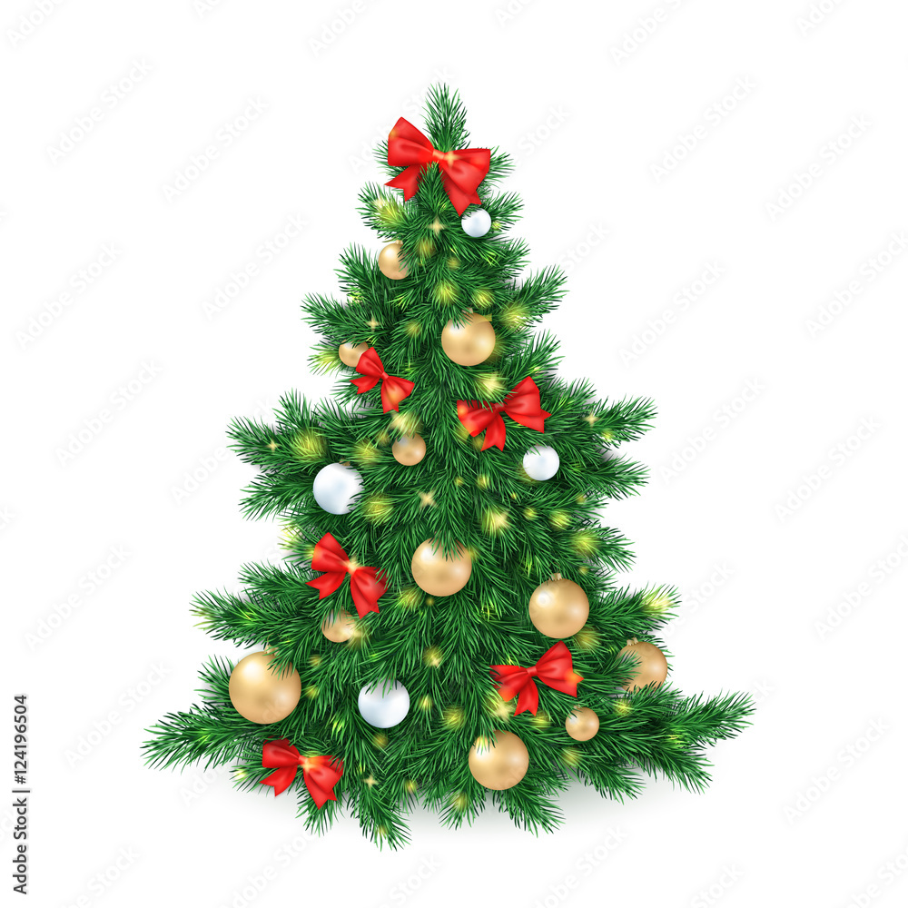 vector illustration of big christmas tree, decorated white and golden christmas ornaments and red ribbon bows