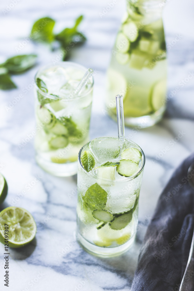 Green sangria with melon, cucumber, basil, mint, grapes and lime drink. Green sangria with melon, cucumber, basil, mint, grapes and lime drink.