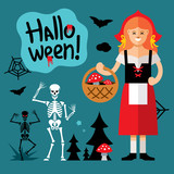Vector Halloween Little Red Riding Hood Cartoon Illustration.