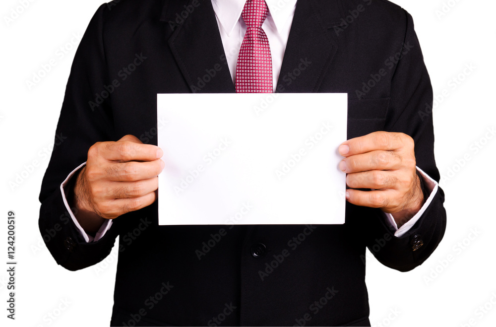 Man's hand showing white paper for write present.business concept. Man's hand showing white paper for write present.business concept.