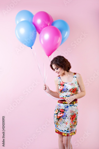 Cute woman with balloons. Concept Celebration and Party.