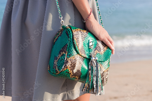 Young slim sexy woman on the beach. Luxury handmade snakeskin in her hands.