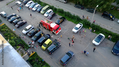 The fire truck in the yard photo