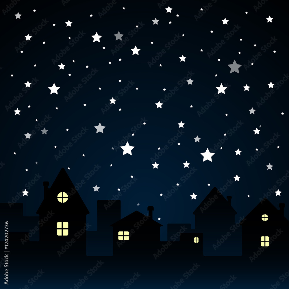 Naklejka premium Stars, Sky, Night. Silhouette of the City. Moon.