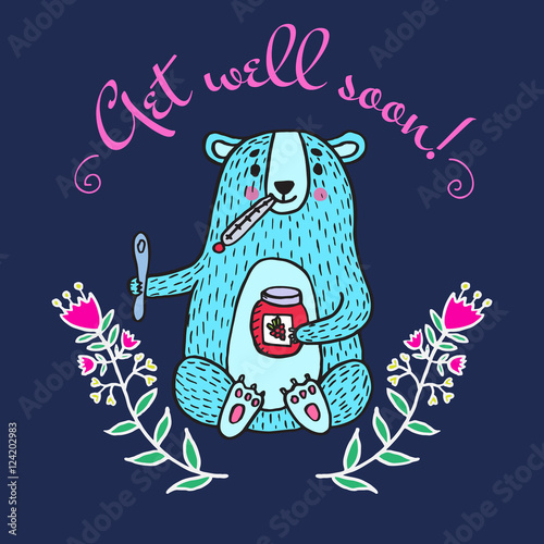 Get well soon card with teddy bear and jam