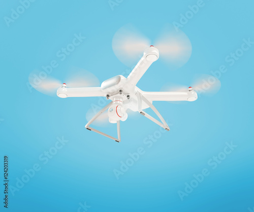 Modern white drone on blue background. 3D .