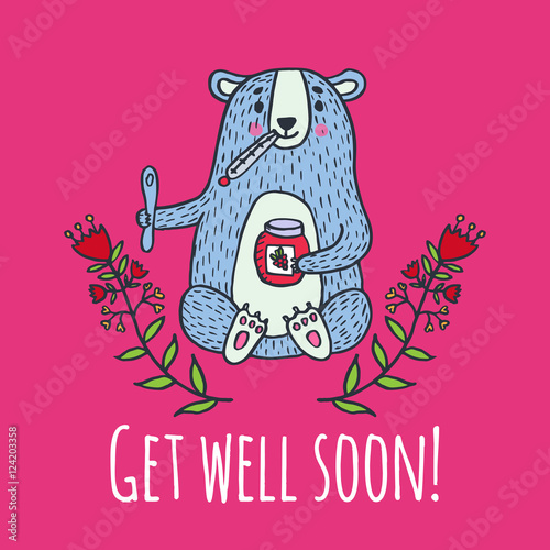 Get well soon card with teddy bear and jam