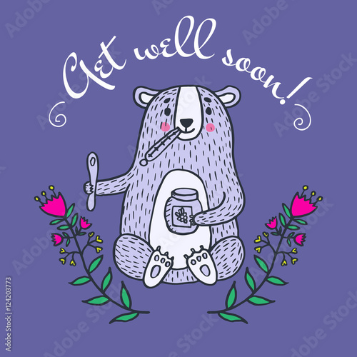Get well soon card with teddy bear and jam