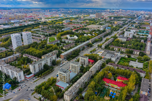 Tyumen  Russia - August 25  2015  Aerial view on sleeping neighborhood large-panel houses  so called KPD. Respubliki street