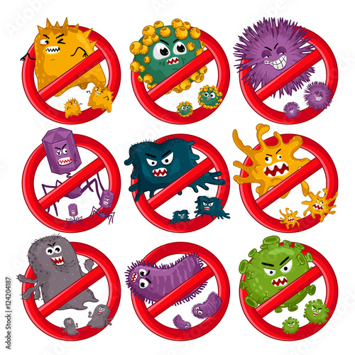 Cartoon viruses characters isolated vector illustration on white background. Cute fly germ virus infection vector characters. Funny micro bacteria characters. Stop viruses symbol. Microbe, Pathogen.