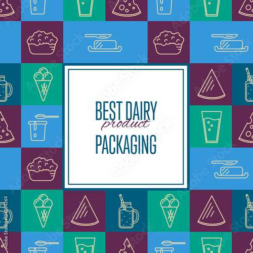Best dairy product seamless pattern for packaging with different dairy icons in line style design, vector illustration. Organic farming background. Nutritious and healthy milk products. Natural food.