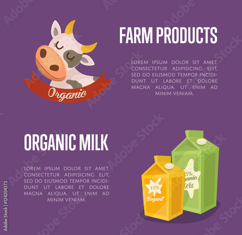 Dairy banner with cartoon cow symbol, kefir and yoghurt carton packages isolated on perpl background, vector illustration. Traditional and tasty food. Locally grown and healthy natural milk products photo
