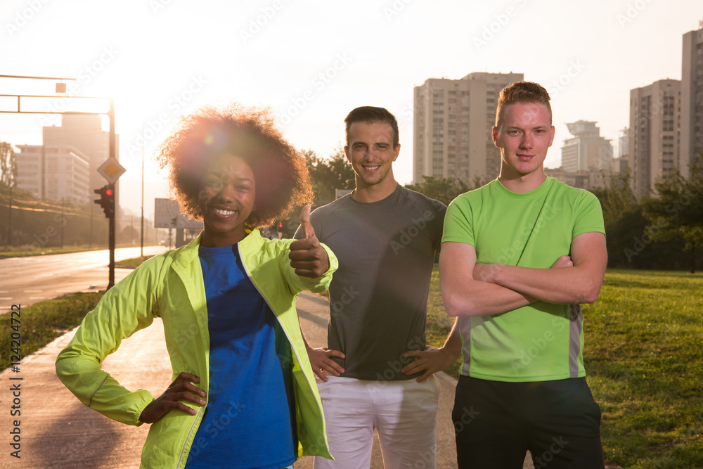 portrait multiethnic group of people on the jogging