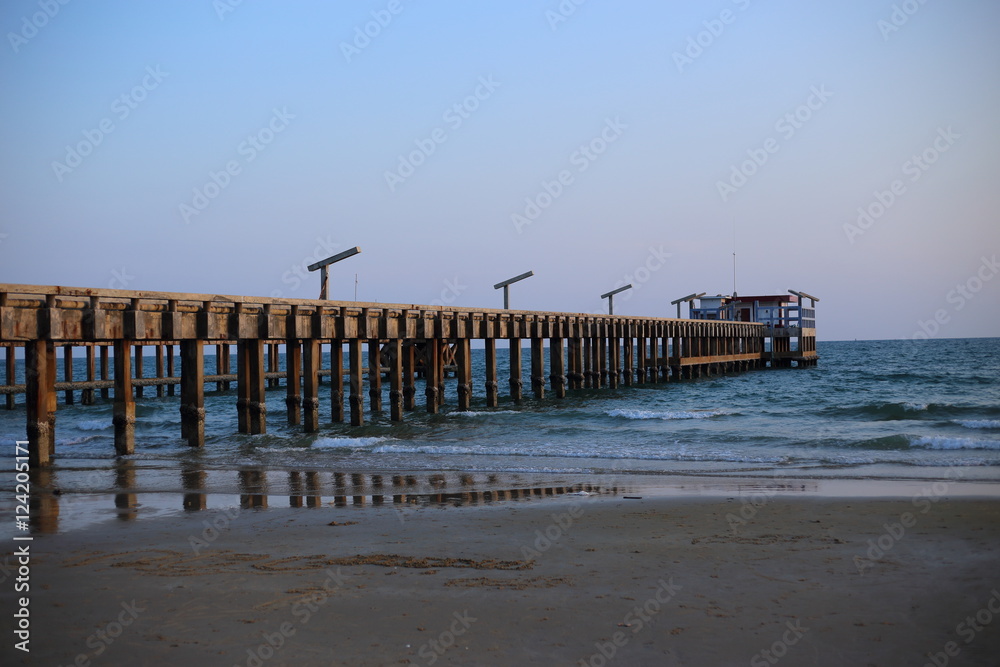 Cement bridge pier and wave in Mae Rumphueng Beach Rayong at Thailand Cement bridge pier and wave in Mae Rumphueng Beach Rayong at Thailand