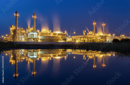 Reflection of Gas turbine power plant with blue hour photo