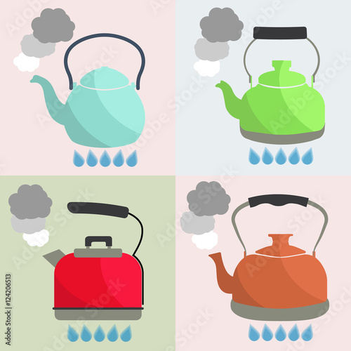 Set of kettle boils with water flat style vector illustration. Kitchen utensils stock illustration.
