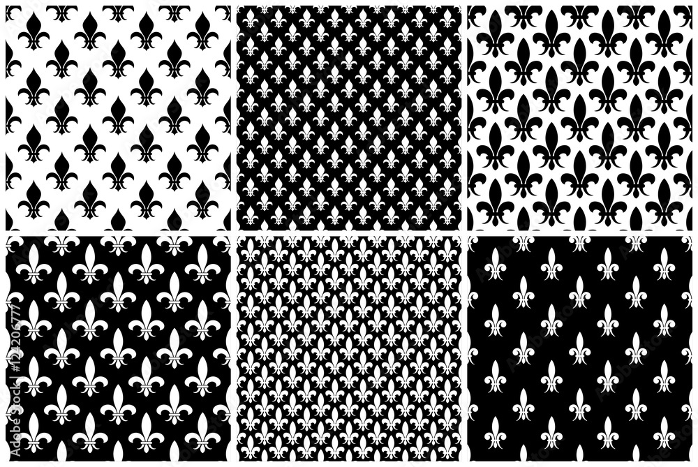 Vector fleur de lis seamless patterns set in black and white - obrazy, fototapety, plakaty 