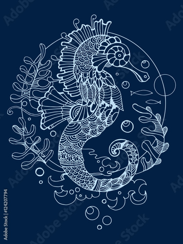 Sea horse coloring book for adults vector