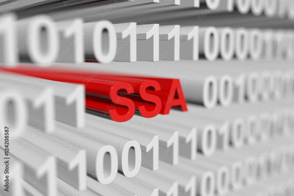 SSA as a binary code with blurred background 3D illustration
