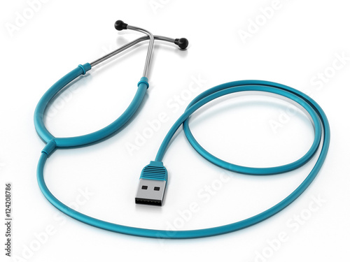 Stethoscope connected to the USB cable. 3D illustration