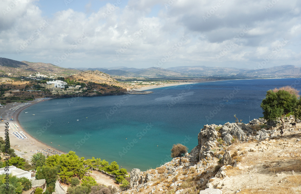 East coast of Rhodes Island, Greece. Vlicha (Vlycha) beach, Theotokos, Kalathos, Pefkos beach and Aegean sea.