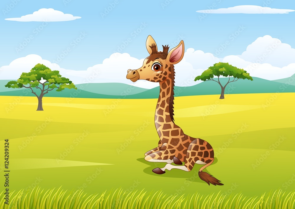 Obraz premium Cartoon giraffe sitting in the jungle