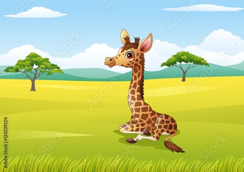 Cartoon giraffe sitting in the jungle    