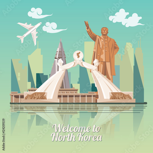 North Korea poster with korean symbols. North Korea vector illustration.